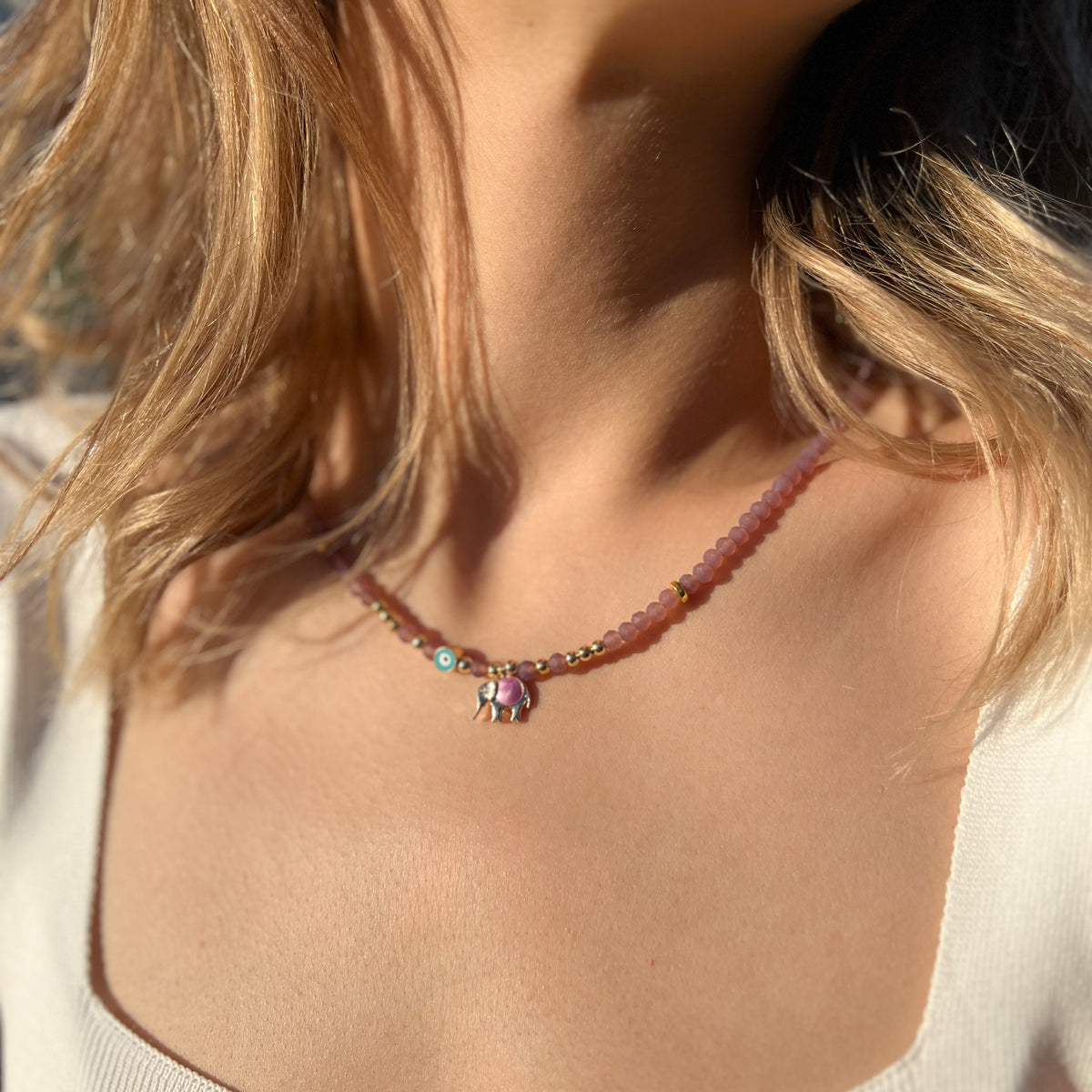 Evil Eye Beaded Choker,Boho Elephant Charm Necklace