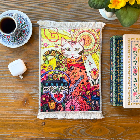 Boho Rug, Miniature Rug, Cute Mousepad with Cat Design