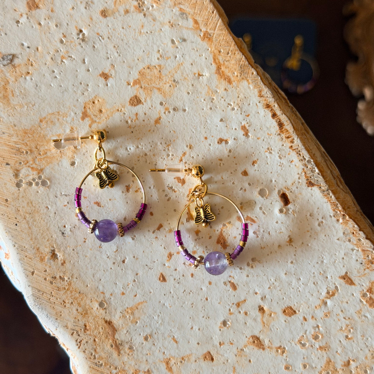 Purple Earrings, Hoop Earrings, Earrings with Charm