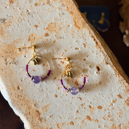 Purple Earrings, Hoop Earrings, Earrings with Charm
