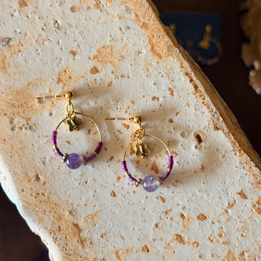 Purple Earrings, Hoop Earrings, Earrings with Charm