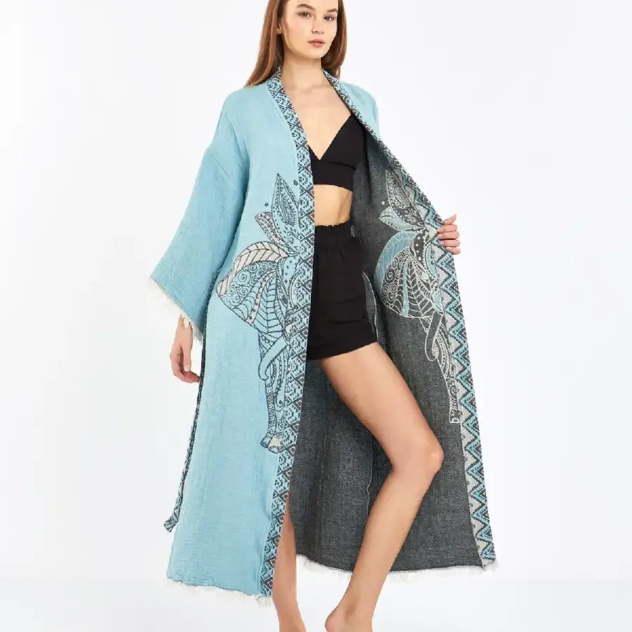 Blue Kimono, Boho Robe, Kaftan Kimono, Jacquard Kimono