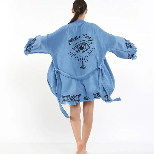 Short Cotton Kimono, Lotus Evil Eye Kimono Robe