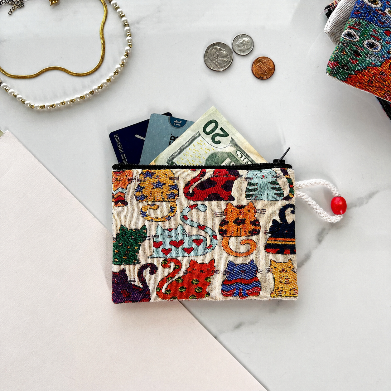 Cat Design Cute Coin Purse, Handmade Coin Purse, Fabric Pouch