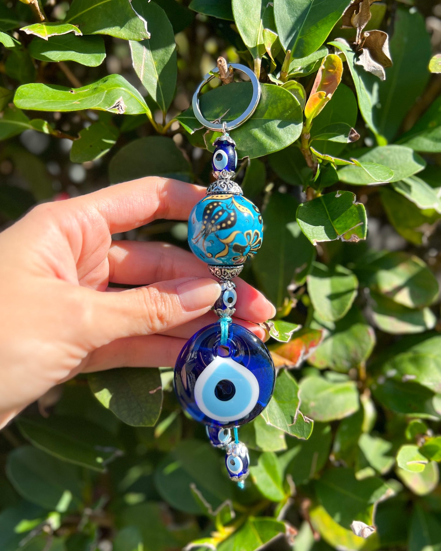 Evil Eye Keychain with Handpainted Ceramic Ball, Boho Keychain