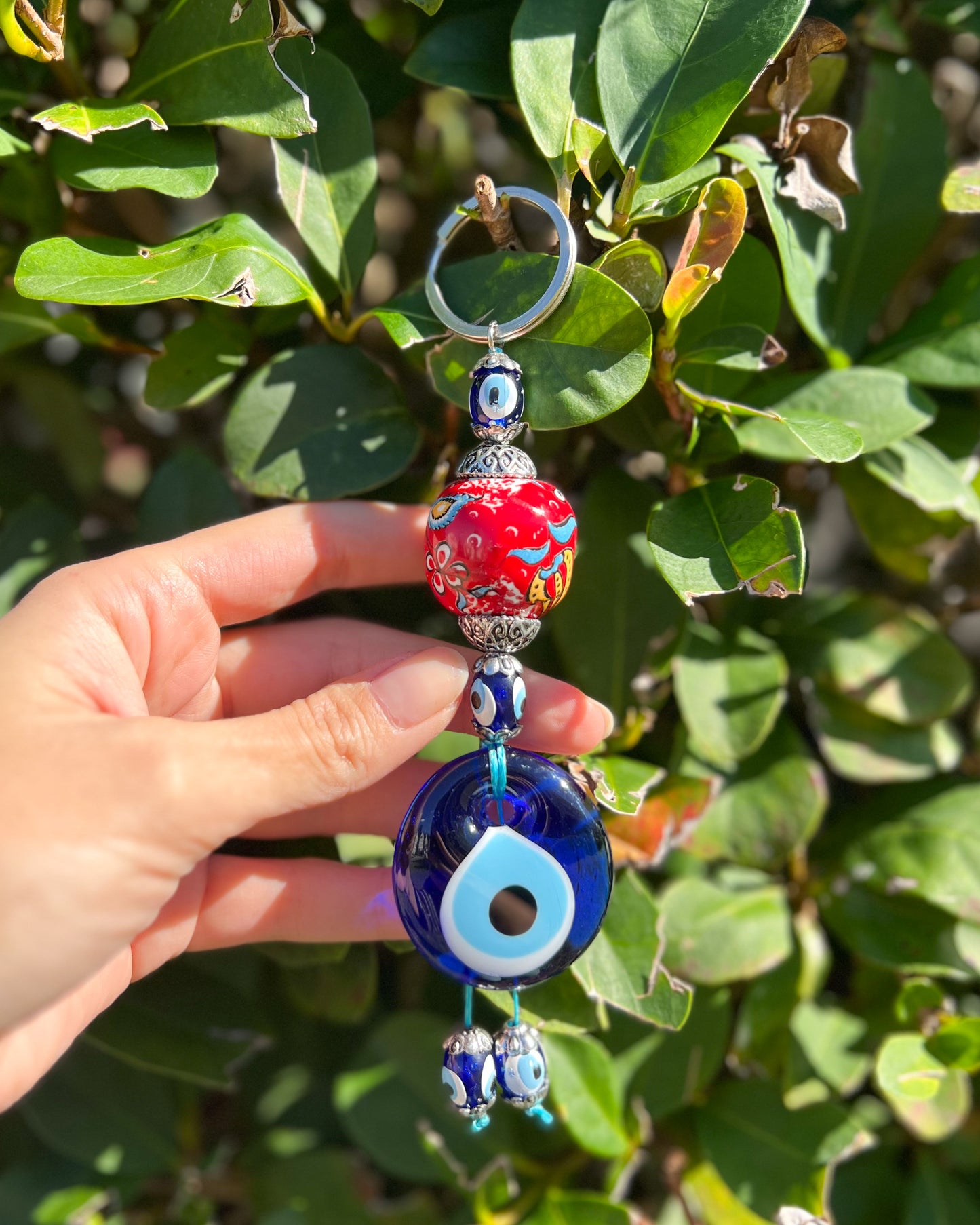 Evil Eye Keychain with Handpainted Ceramic Ball, Boho Keychain