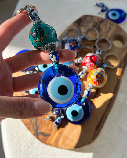 Evil Eye Keychain with Handpainted Ceramic Ball, Boho Keychain