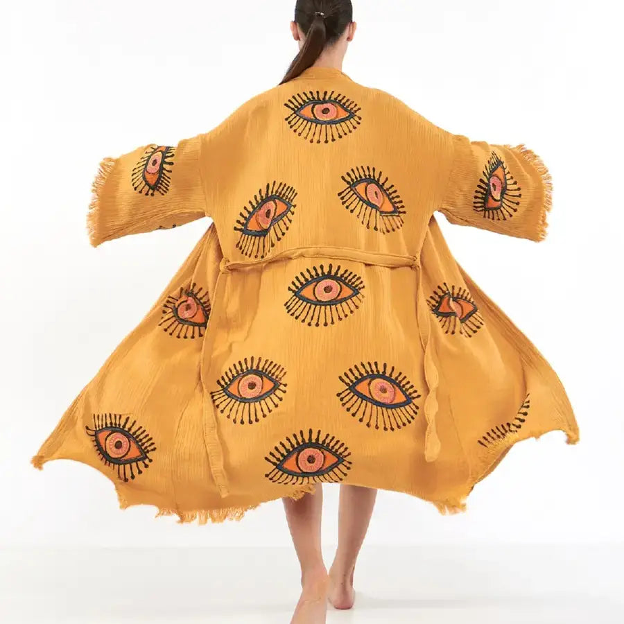 Evil Eye Kimono, Luxury Cotton Long Robe, Kaftan Kimono,