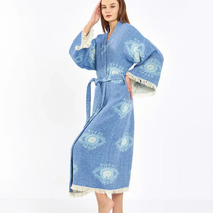 Blue Evil Eye Kimono, Long Cotton Robe, Cotton Kafthan