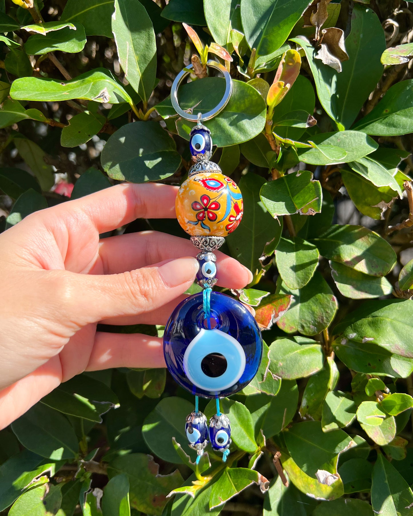 Evil Eye Keychain with Handpainted Ceramic Ball, Boho Keychain