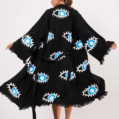 Cotton Kimono, Long Kimono, Cotton Robe, Evil Eye Kimono