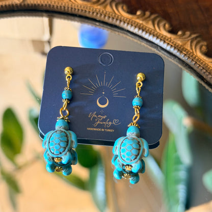 Handmade Turquoise Turtle Earrings, Boho Jewelry. Sea Life