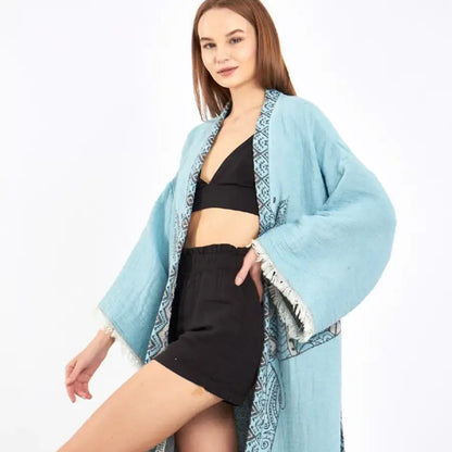 Blue Kimono, Boho Robe, Kaftan Kimono, Jacquard Kimono