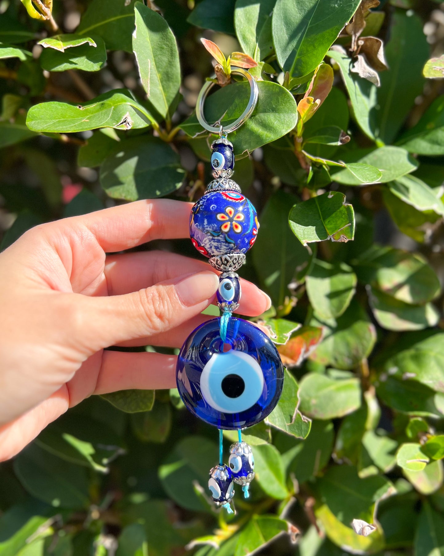 Evil Eye Keychain with Handpainted Ceramic Ball, Boho Keychain