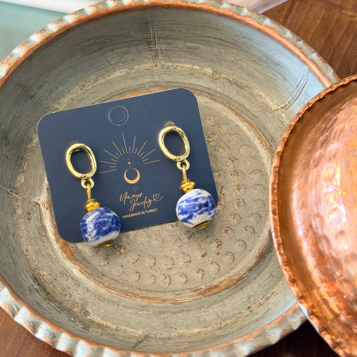 Ceramic Bead Earrings, Huggie Hoop Earrings, Mediterranean Jewelry