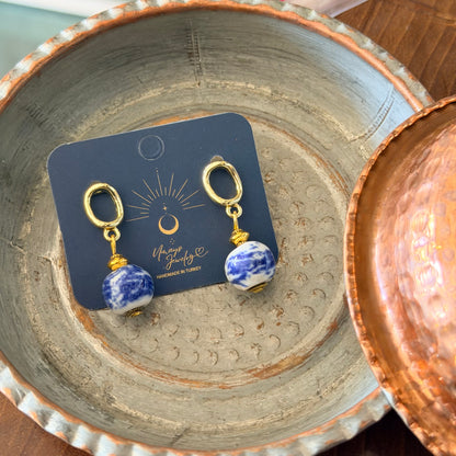 Ceramic Bead Earrings, Huggie Hoop Earrings, Mediterranean Jewelry