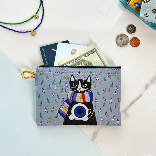 Fabric Zipper Pouch with Cat Design, Cute Coin Purse, Gift for Cat Owners