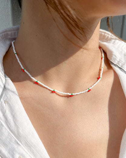 Cherry Beaded Necklace Seed Bead Choker Cherry Beaded Necklace Dainty White Necklace Everyday Boho Jewelry Trendy Cherry Charm
