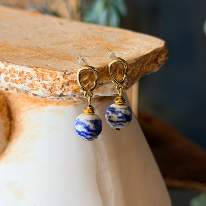 Ceramic Bead Earrings, Huggie Hoop Earrings, Mediterranean Jewelry