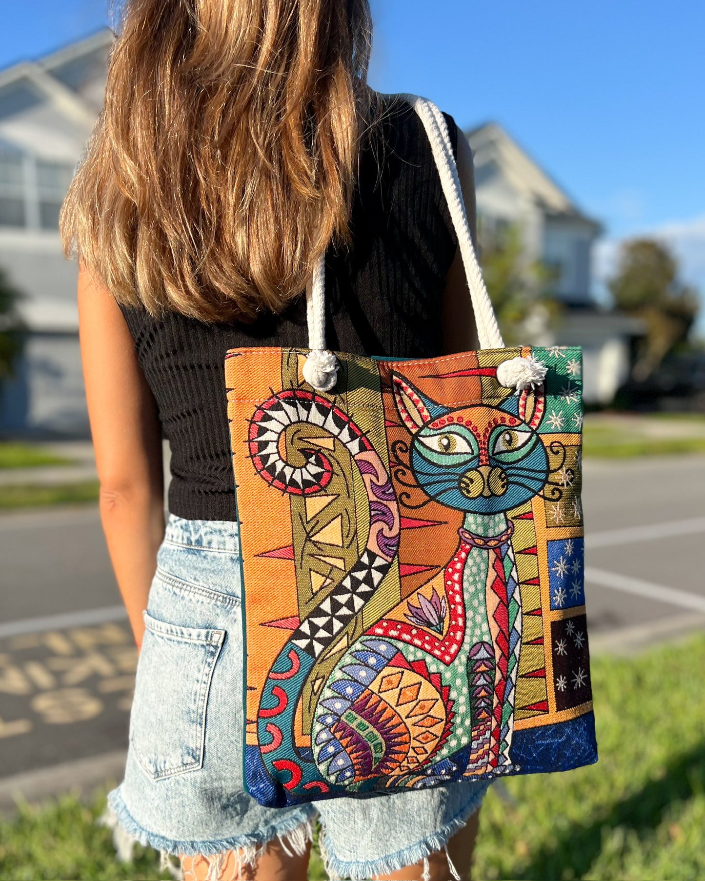 Cat Design Tote Bag from Woven Fabric, Handmade Bag for Women