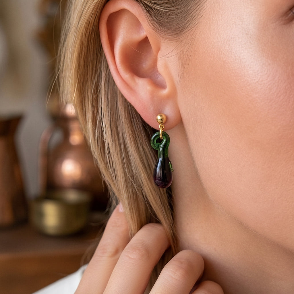 Glass Eggplant Earrings, Cute Earrings, Funny Jewelry