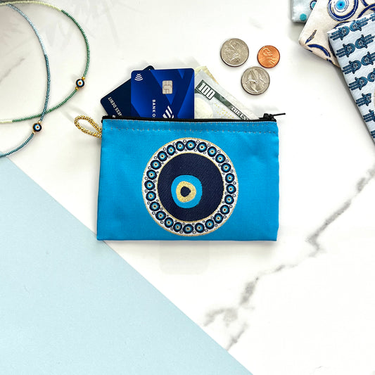 Boho Coin Purse, Handmade Fabric Pouch, Evil Eye