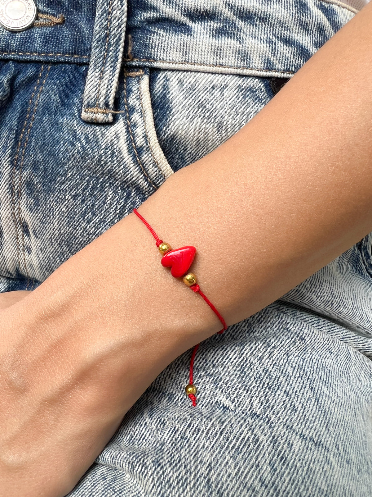 Red Cord Bracelet with Heart Charm, Murano Glass Bracelet , Good Luck Red String, Adjustable String Bracelet, Cord Jewelry Gift