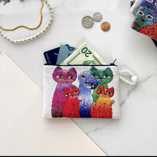 Cat Design Coin Purse, Handmade Fabric Pouch, Cute Change Purse