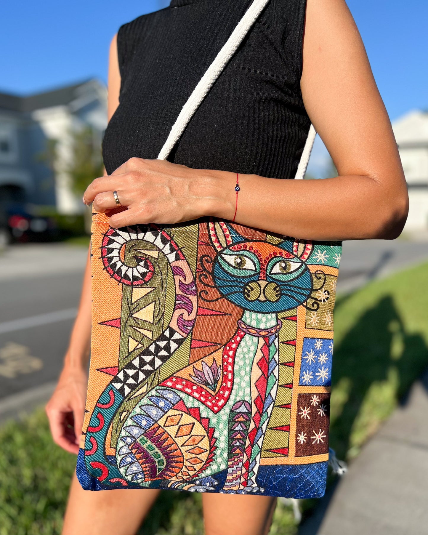 Cat Design Tote Bag from Woven Fabric, Handmade Bag for Women