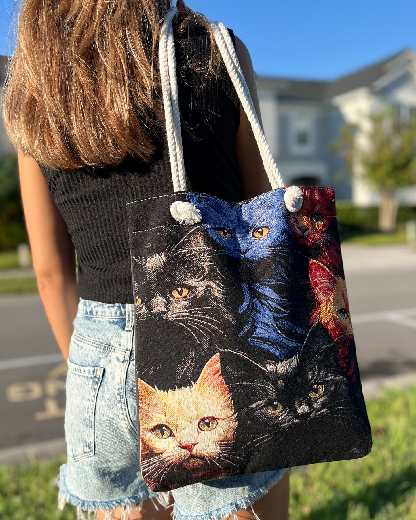 Tote Bag with Cat Design, Cute Christmas Gifts, Woven Fabric Bag