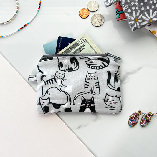 Cat Design Fabric Zipper Pouch, Handmade Coin Purse