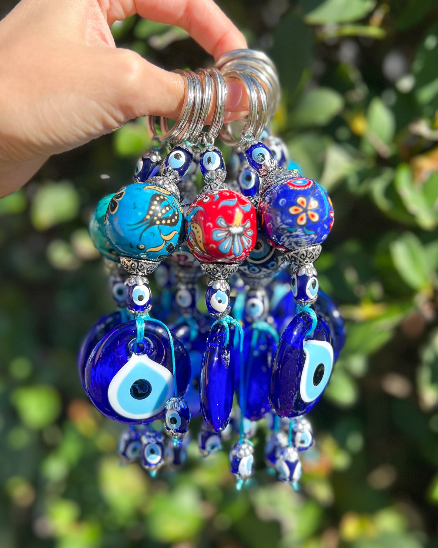 Evil Eye Keychain with Handpainted Ceramic Ball, Boho Keychain