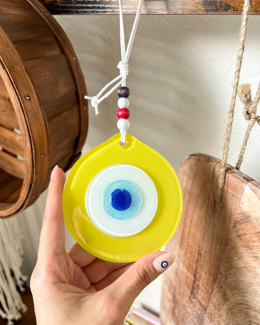 Yellow Glass Evil Eye Wall Hanging, Evil Eye Wall Decor