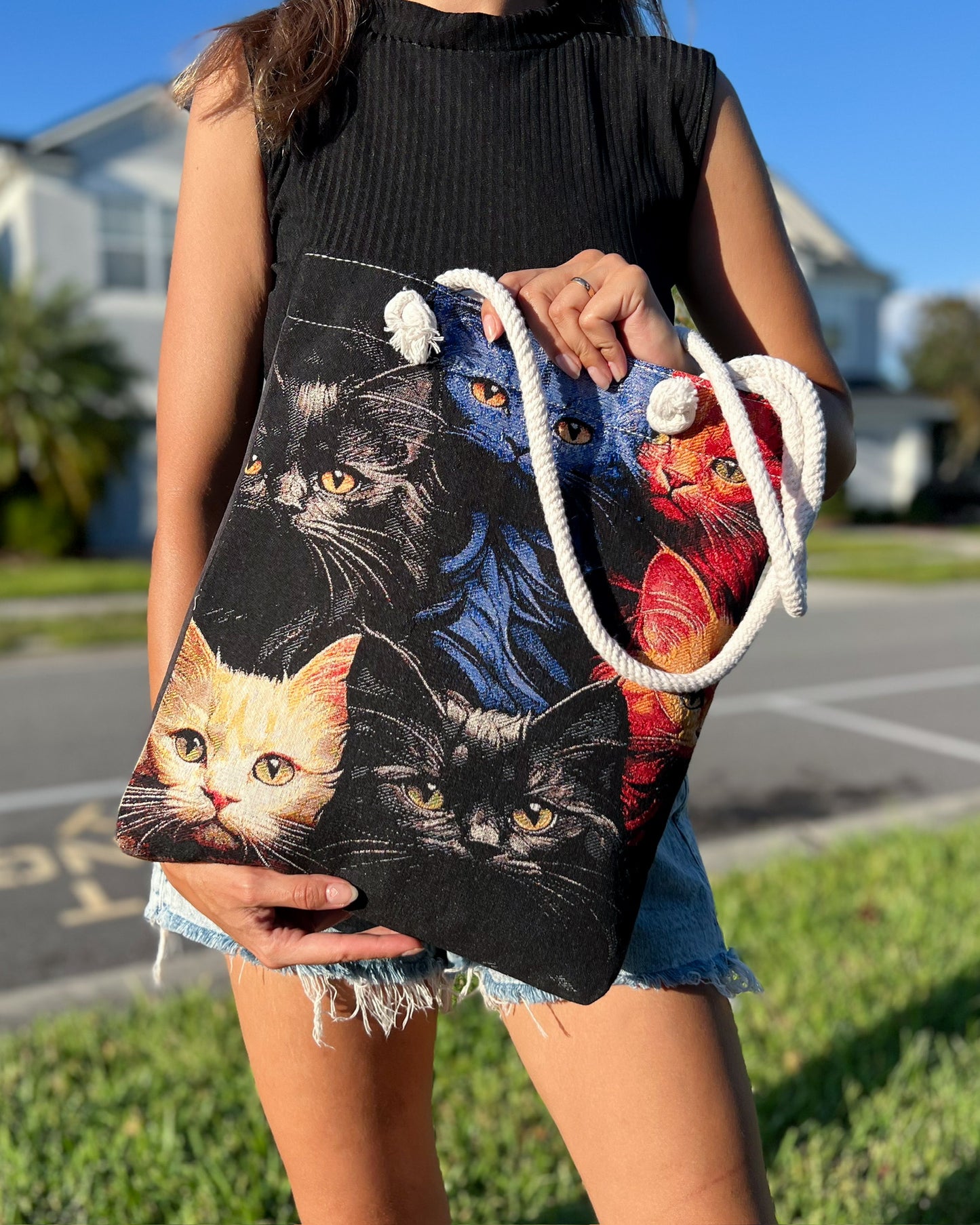 Tote Bag with Cat Design, Cute Christmas Gifts, Woven Fabric Bag