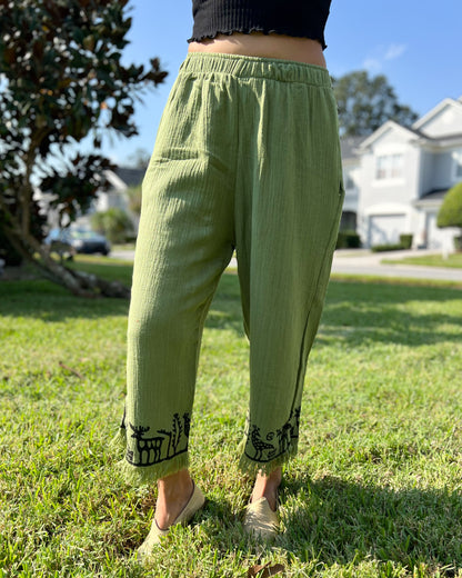 %100 Luxury Muslin Cotton Pants, Boho Block Printed Pants