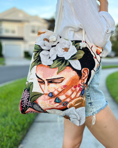 Woven Fabric Tote Bag, Frida Kahlo Design Shoulder Bag