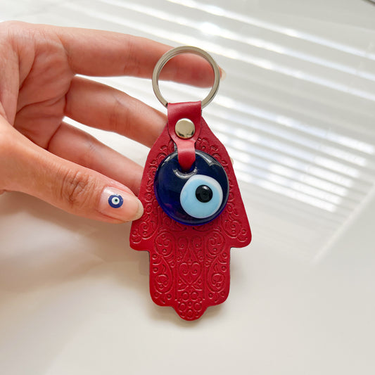 Hamsa Hand Keyring, Evil Eye Keychain, Leather Keychain