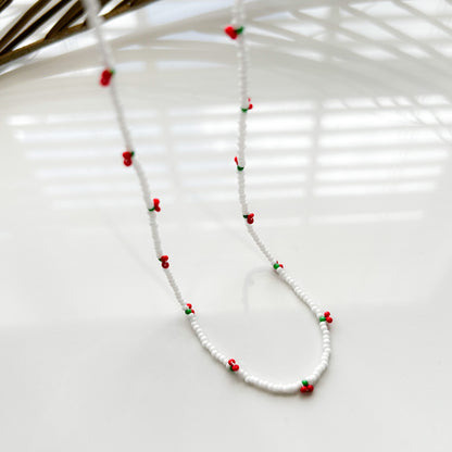 Cherry Beaded Necklace Seed Bead Choker Cherry Beaded Necklace Dainty White Necklace Everyday Boho Jewelry Trendy Cherry Charm