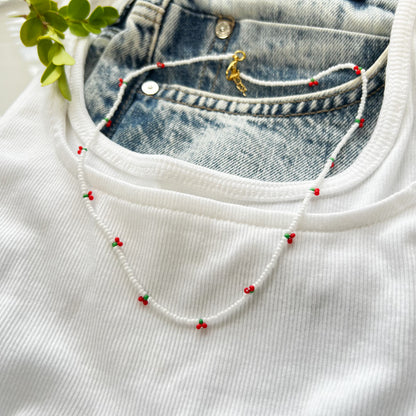Cherry Beaded Necklace Seed Bead Choker Cherry Beaded Necklace Dainty White Necklace Everyday Boho Jewelry Trendy Cherry Charm