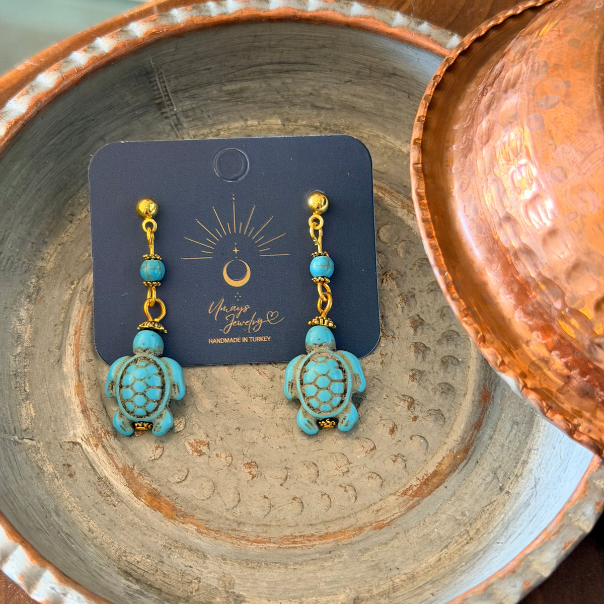 Handmade Turquoise Turtle Earrings, Boho Jewelry. Sea Life