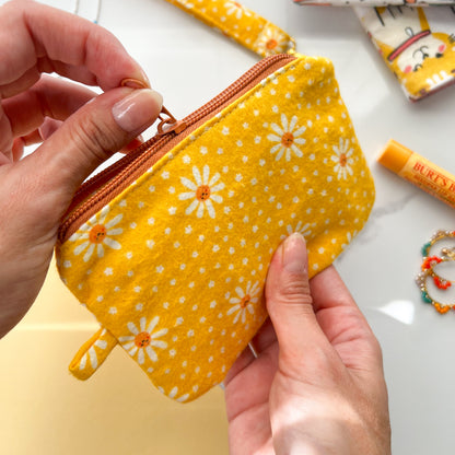 Daisy Fabric Pouch, Small Zipper Pouch, Earbud Pouch