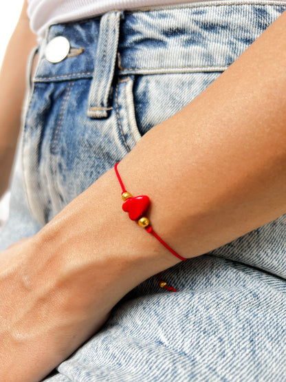 Red Cord Bracelet with Heart Charm, Murano Glass Bracelet , Good Luck Red String, Adjustable String Bracelet, Cord Jewelry Gift