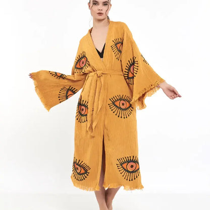 Evil Eye Kimono, Luxury Cotton Long Robe, Kaftan Kimono,