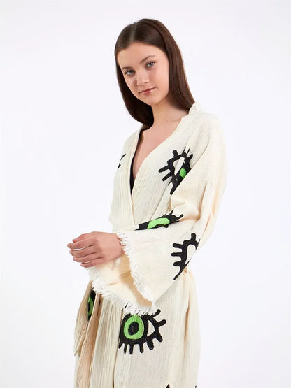 Green Eye Kimono, Turkish Cotton Robe, Long Kimono for Women
