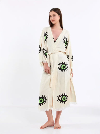 Green Eye Kimono, Turkish Cotton Robe, Long Kimono for Women