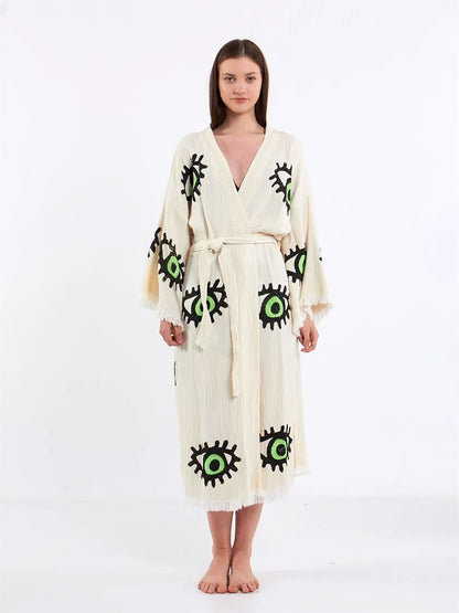 Green Eye Kimono, Turkish Cotton Robe, Long Kimono for Women