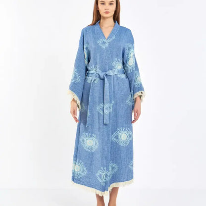 Blue Evil Eye Kimono, Long Cotton Robe, Cotton Kafthan