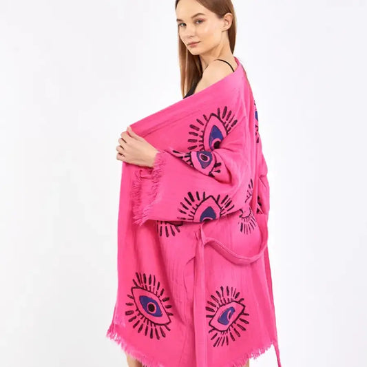 Short Cotton Kimono, Evil Eye Robe, Boho Kimono, Pink Robe