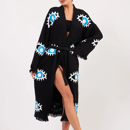 Cotton Kimono, Long Kimono, Cotton Robe, Evil Eye Kimono