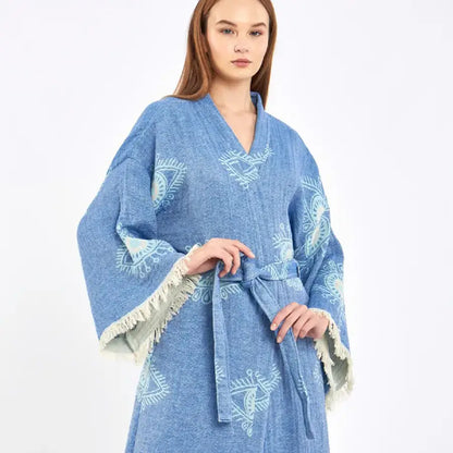 Blue Evil Eye Kimono, Long Cotton Robe, Cotton Kafthan